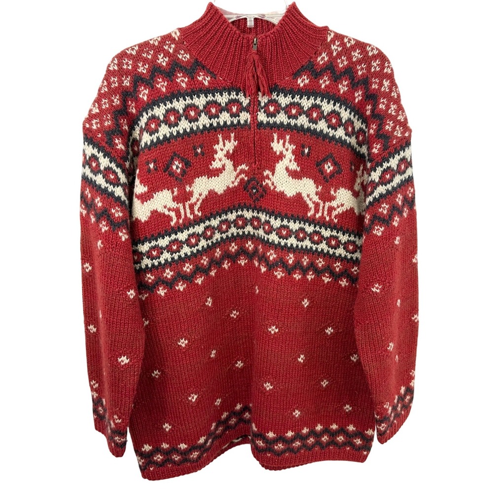 Lauren Ralph Lauren Sweater L Hand Knit Wool Reindeer Fair Isle Christmas VTG B
